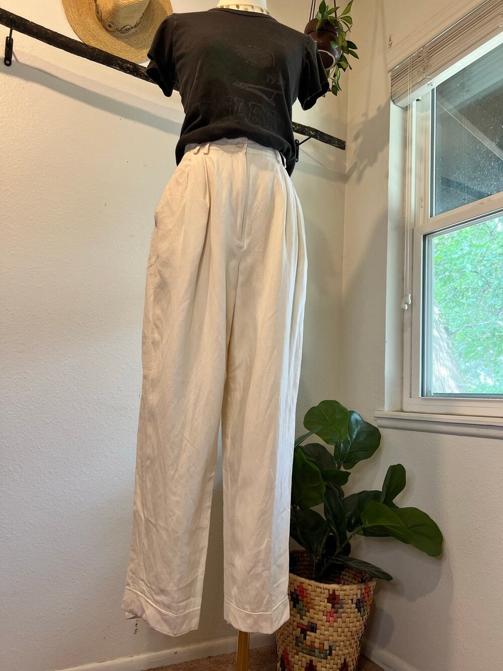 Express Vintage Linen Silk Cream High Rise Pleated Cropped Trouser Pants Size 2
